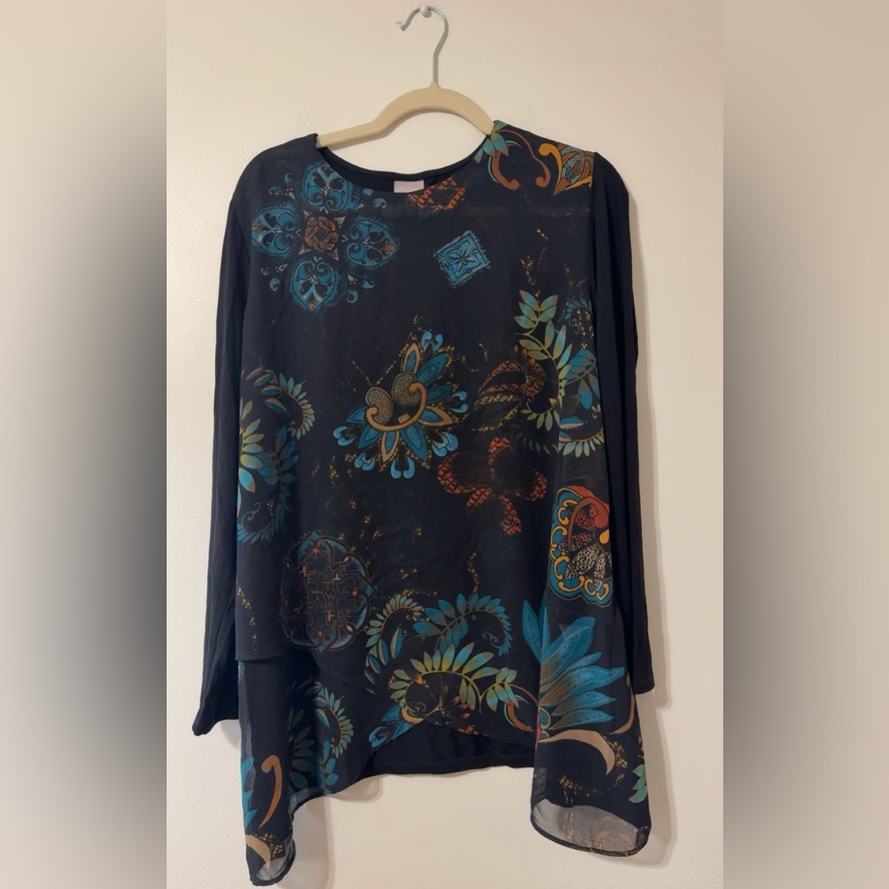 Chico's Womens Sz 3 (XL) Black Floral Sheer Long Sleeve Tunic Top Blouse Stretch